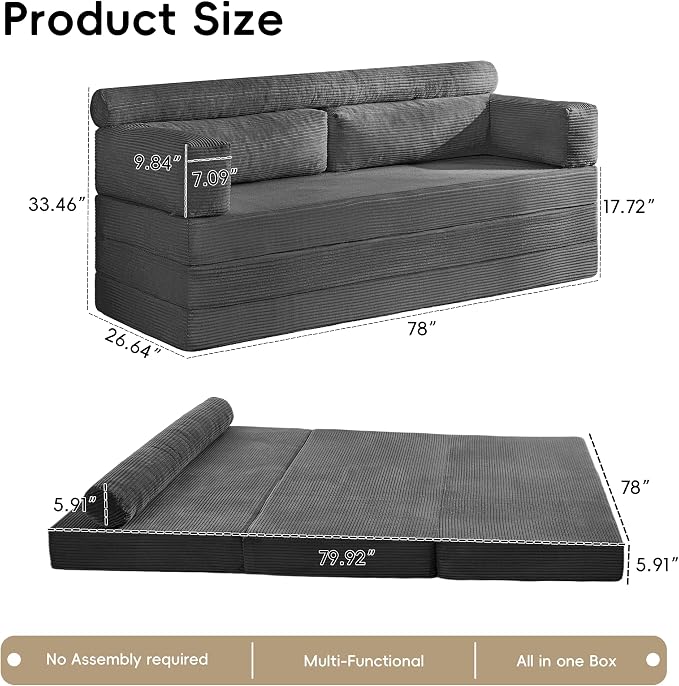 5-in-1 Convertible Sofa Bed, Corduroy Futon Couch Sleeper - Image 2
