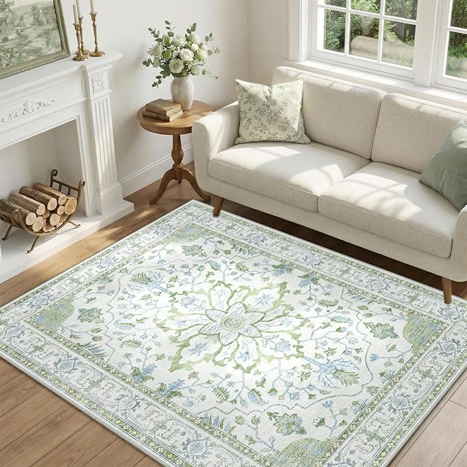 RELEANY Washable Area Rug, Water Repellent, Pet Friendly, Vintage Floral Boho by RELEANY