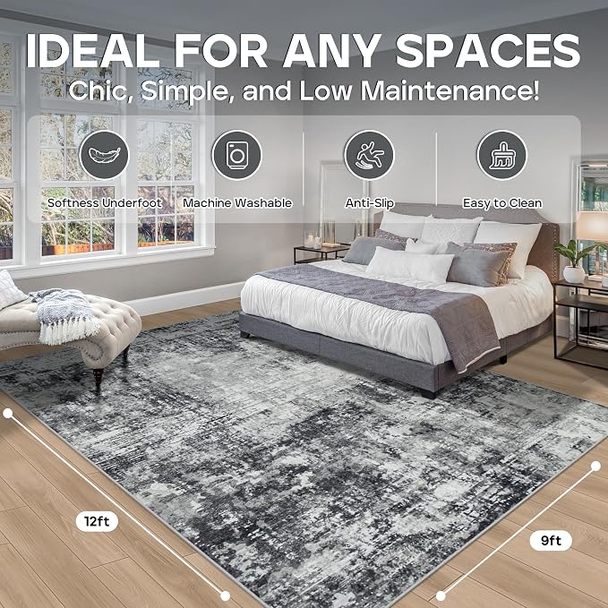 9x12 Area Rugs for Living Room Bedroom Dining Room Washable Black Grey | Soft - Image 2