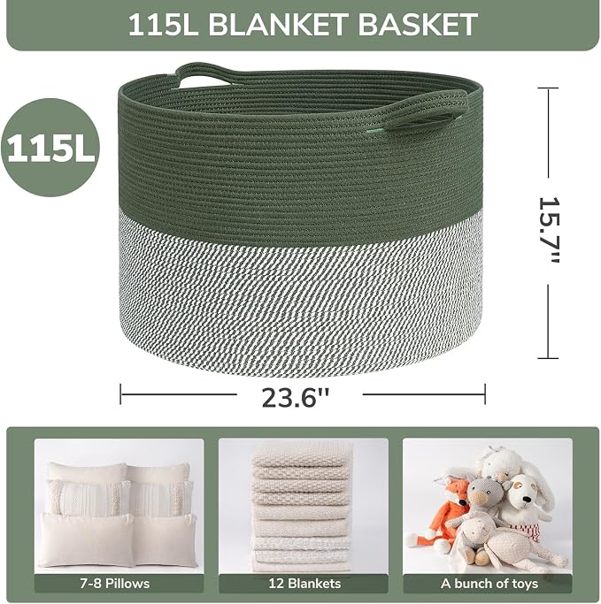 INDRESSME 115L Extra Large Cotton Rope Blanket Basket, Home Decor Laundry - Image 2