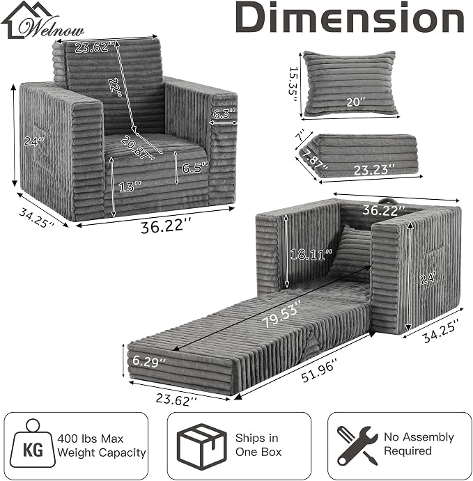Welnow Folding Sofa Bed with Pillow, Convertible 2-in-1 Sleeper Chair - Image 2