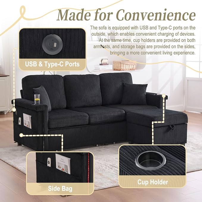 L-Shaped Sectional Sofa with Storage & Movable Ottoman, Corduroy 3 Seater - Image 6