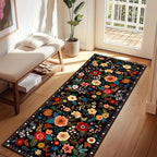 Floral Washable 2x8 Area Rugs Runner Entryway Hallway Black | Flower Carpet by RELEANY