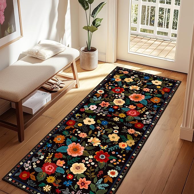 Floral Washable 2x8 Area Rugs Runner Entryway Hallway Black | Flower Carpet by RELEANY
