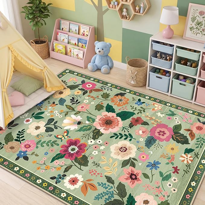 RELEANY Floral Washable 9x12 Area Rugs LightGreen | Flower Carpet Print Boho - Image 8