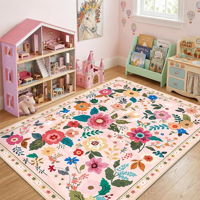 RELEANY Floral Washable 4x6 Area Rugs Pink | Flower Carpet Print Boho Cute Non - Image 6