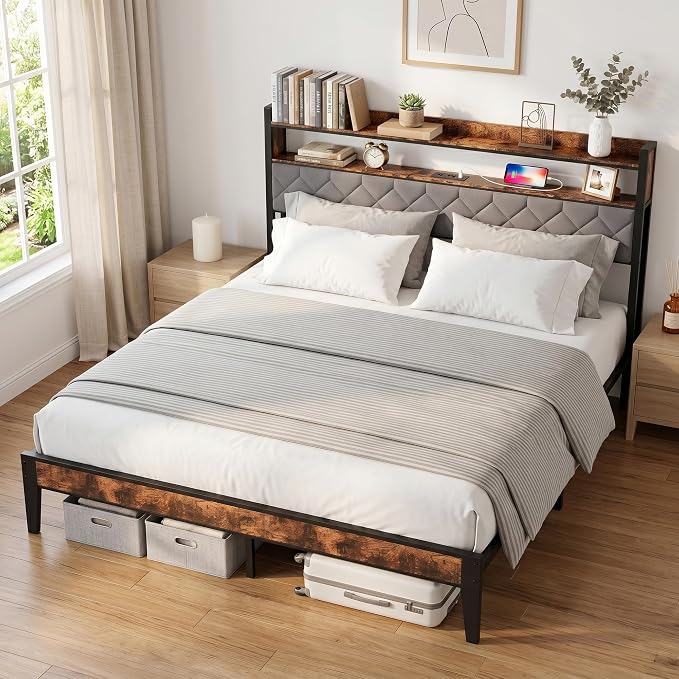 King Size Bed Frame with Charging Station, King Bed Frame with Upholstered - Image 9