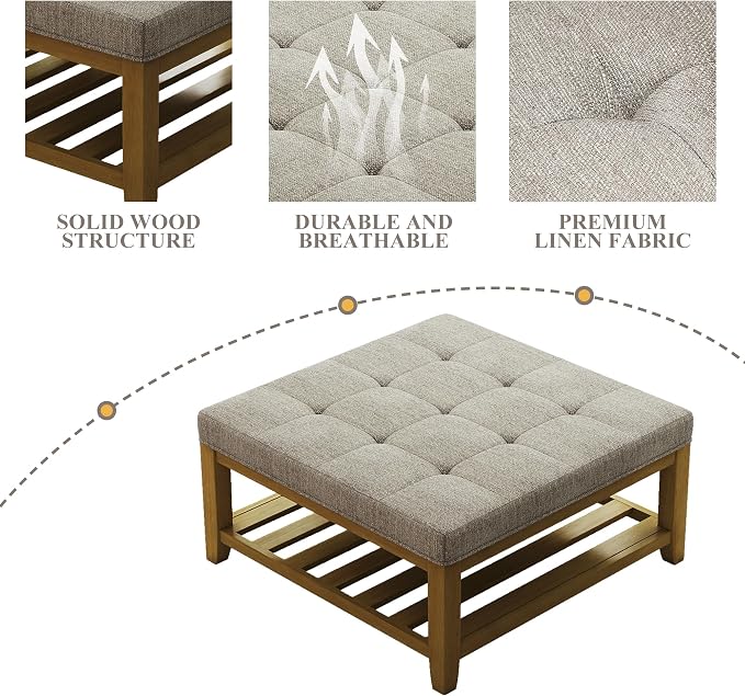 Befurtori Large Square Ottoman Coffee Table, Linen Solid Upholstered Footrest - Image 6