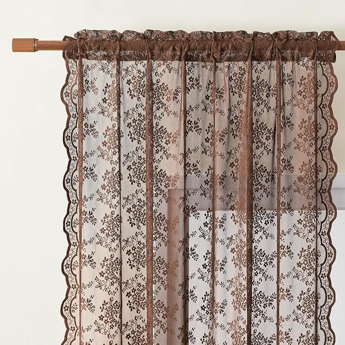 YJ YANJUN Vintage Lace Curtains 90 Inches Long-Victorian Floral Boho Brown - Image 3