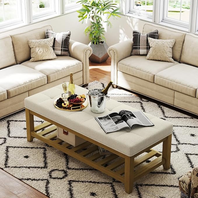 Befurtori Large Rectangular Upholstered Ottoman Bench, Linen Tufted Footrest - Image 4