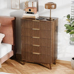 VINGLI Fluted Tall Dresser 5 Drawer Chest of Drawers, Walnut Wood Dresser by VINGLI