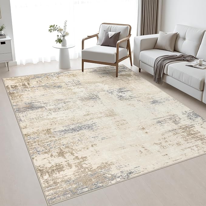Area Rug Living Room: 8x8 Modern Washable Soft Carpet Beige Brown | - Image 5