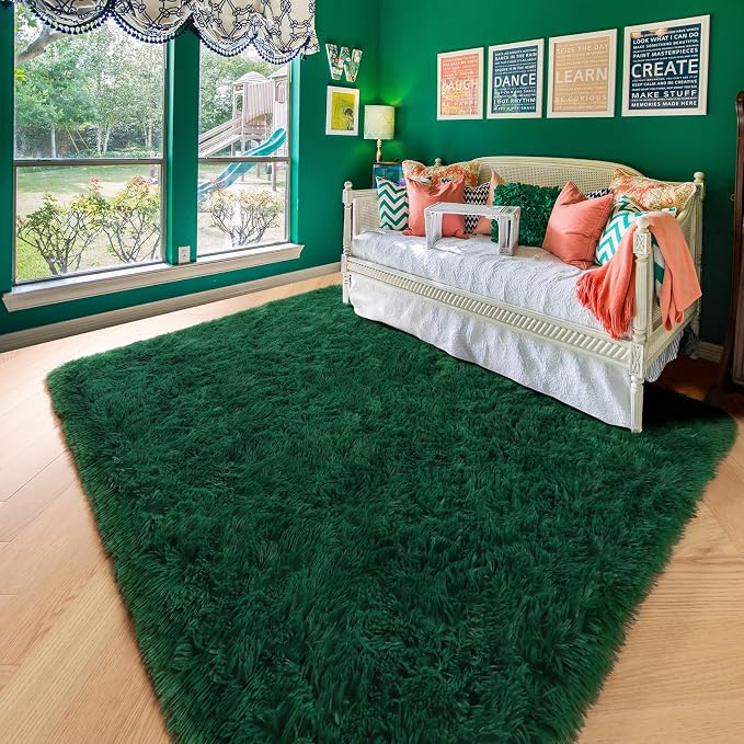 Amdrebio Dark Green Fluffy Fuzzy Area Rug 4x6 - Image 3