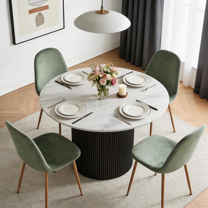 Dining Table Set for 4, Mid Century Modern 47 Inch White Marble-Look Wooden by somedream