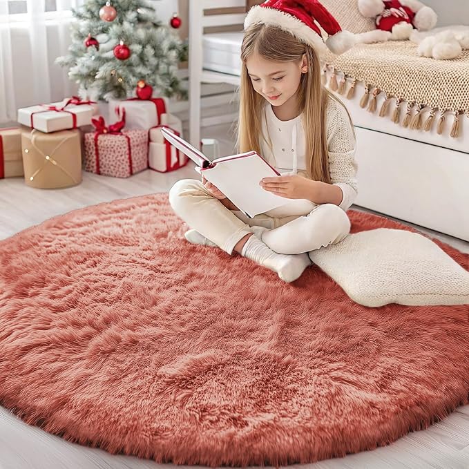 OLANLY Rust Red Round Rugs for Bedroom by OLANLY