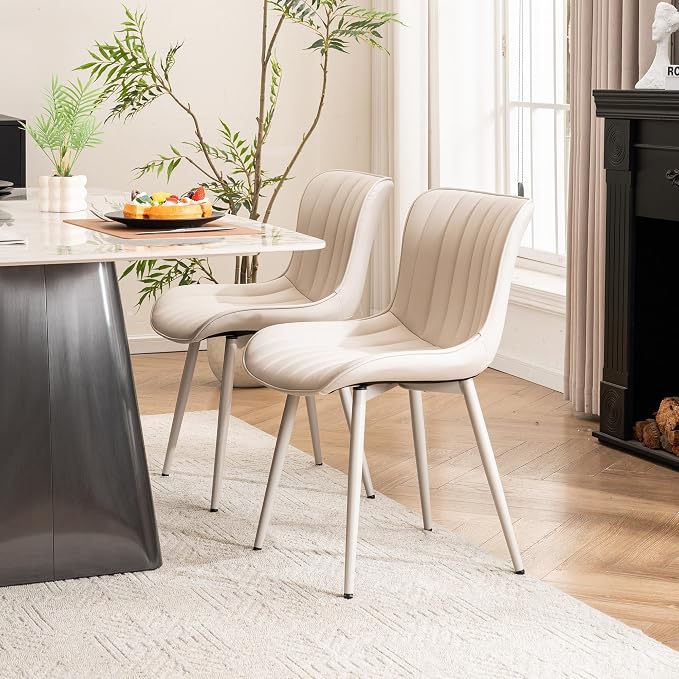 YOUNUOKE Mid-Century Modern Dining Chairs Set of 2, Cream PU Leather - Image 9