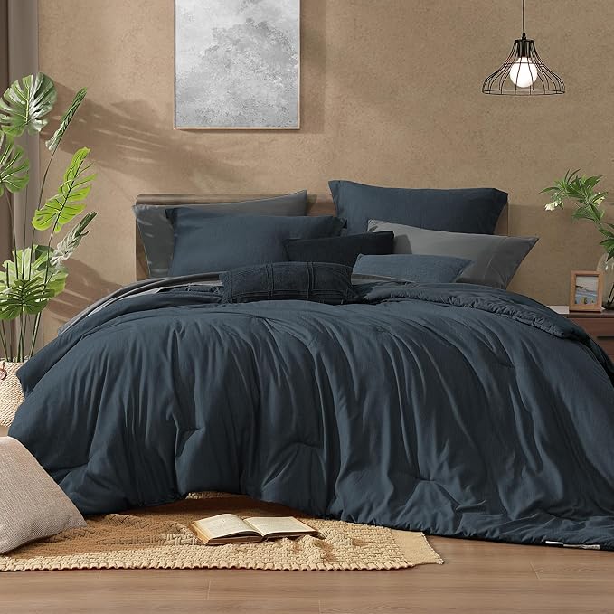 Monbix Twin XL Comforter Set Navy Blue, Cationic Dyeing Bedding Set Reversible by Monbix