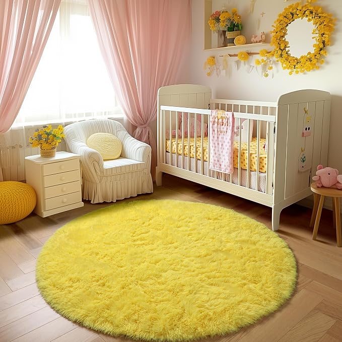 Amdrebio Yellow Round Plush Shag Area Rug 4Ft - Image 6