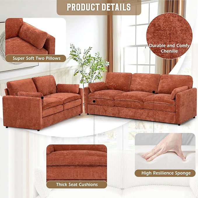 Classic Chenille Sofa Set with 2 Extra Armrest Pillows, Loveseat and 3-Seat - Image 2