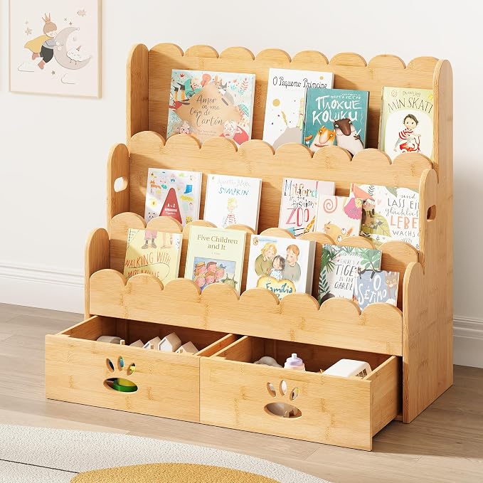 ELYKEN Kids Bookshelf with 2 Drawers, 3-Tier Bamboo Book Shelf by ELYKEN