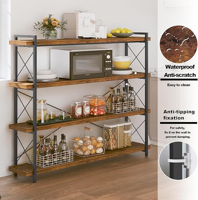 HCHQHS Large Bookshelf, 4-Tier Long Industrial Bookcase, Rustic Brown Book Shelf - Image 5