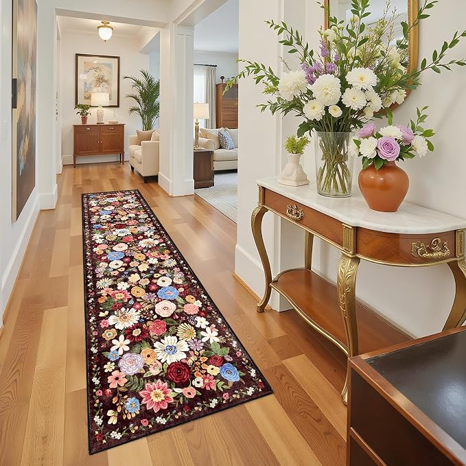 Black Brown Floral Hallway Runner Rug 2'6''x14' - Image 7