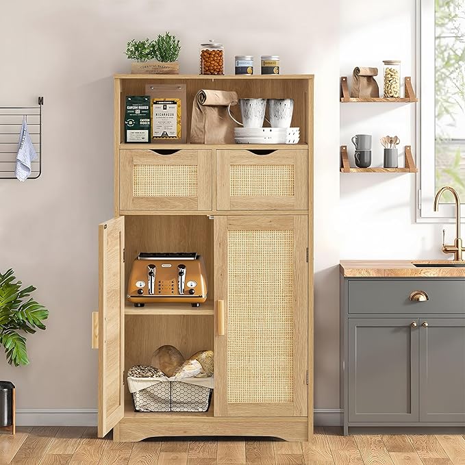 Iwell Storage Cabinet with 2 Drawers & Adjustable Shelves, Rattan Cabinet - Image 4