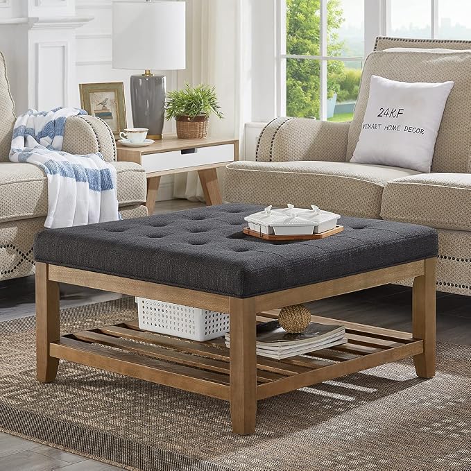 24KF Large Square Upholstered Tufted Linen Ottoman Coffee Table, Large Footrest by WEMARTHOMEDECOR