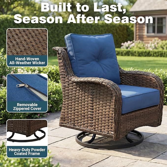 Patio Furniture Set, High Back Rattan Sofa & Swivel Rocker Chairs, Weather - Image 7