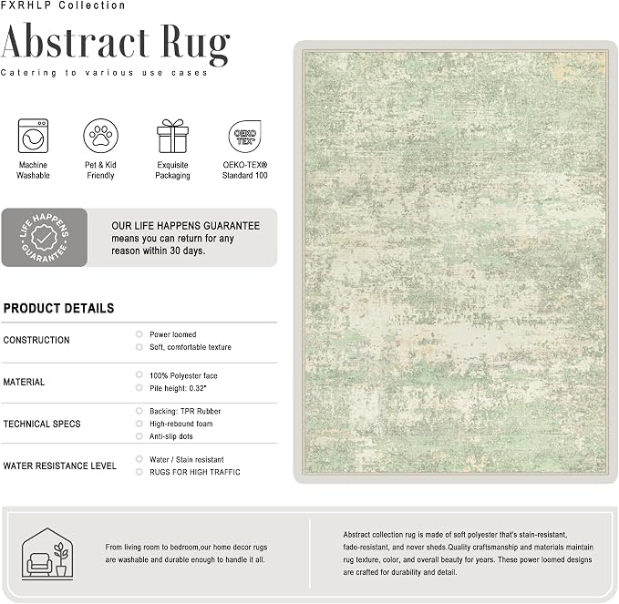 3x14 Washable Runner Rug：Modern Abstract Soft Carpet Green Cream | - Image 3