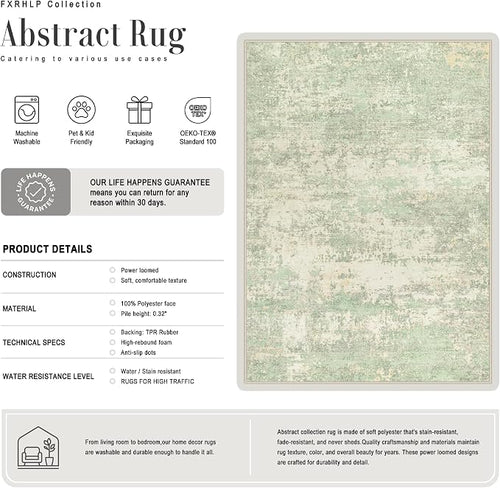 10x14 Area Rug Living Room: Modern Washable Soft Carpet Green Cream | - Image 2