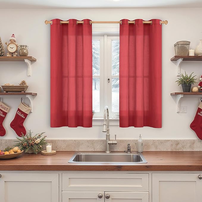 YoungsTex Red Linen Kitchen Curtains 40 Inch Length, Short Light Filtering - Image 2