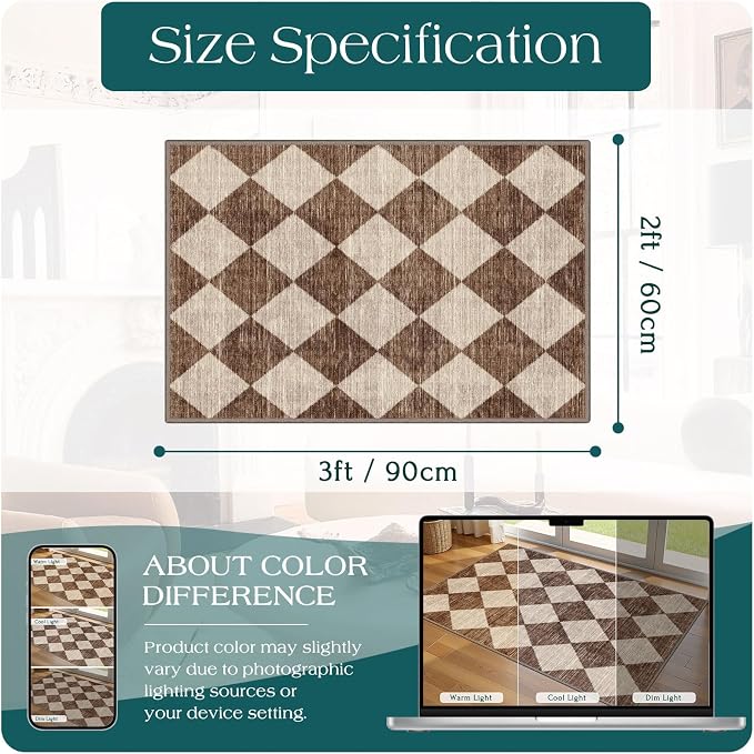 Front Door Rug - 2x3 Brown Beige Checkered Diamond Entry Rug | Non-Slip - Image 2