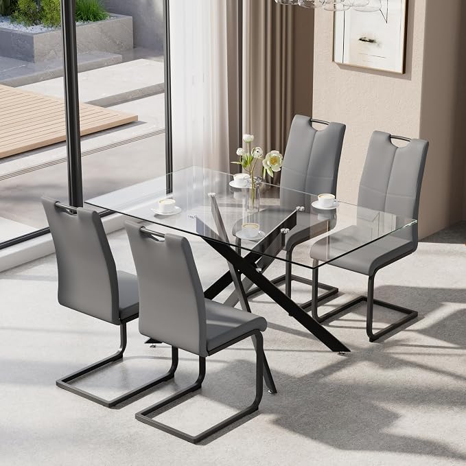 5-Piece Dining Table Set for 4, Modern Rectangular Glass Table by KATBOCFurniture