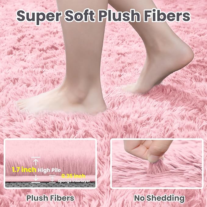 6x9 Fluffy Shag Area Rugs for Living Room Bedroom: Soft Plush Carpet Pink | - Image 5