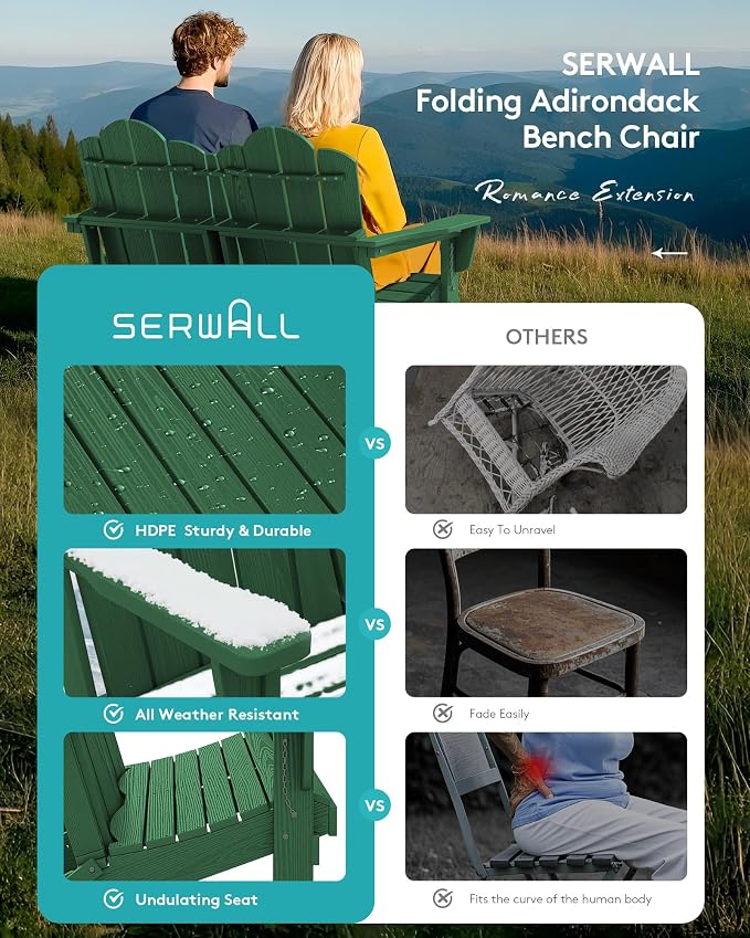 SERWALL Folding Adirondack Bench, HDPE All-Weather Adirondack Loveseat - Image 6