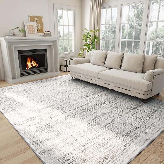 8x10 Washable Area Rug for Living Room Bedroom: Non-Slip Modern White Gray | by Oriannal