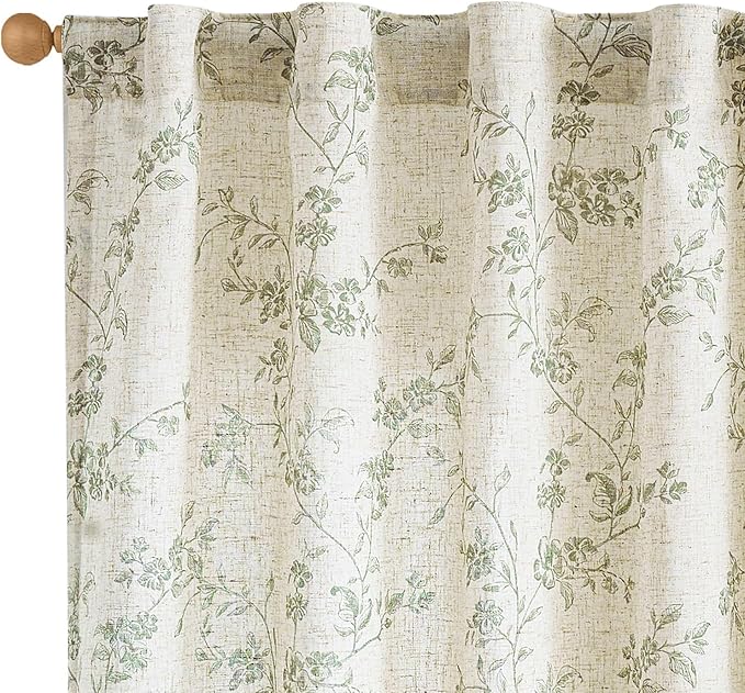 Green Vintage Floral Linen Curtains Farmhouse 38W X 96L 2 Panels | Elisa Series by Lazzzy