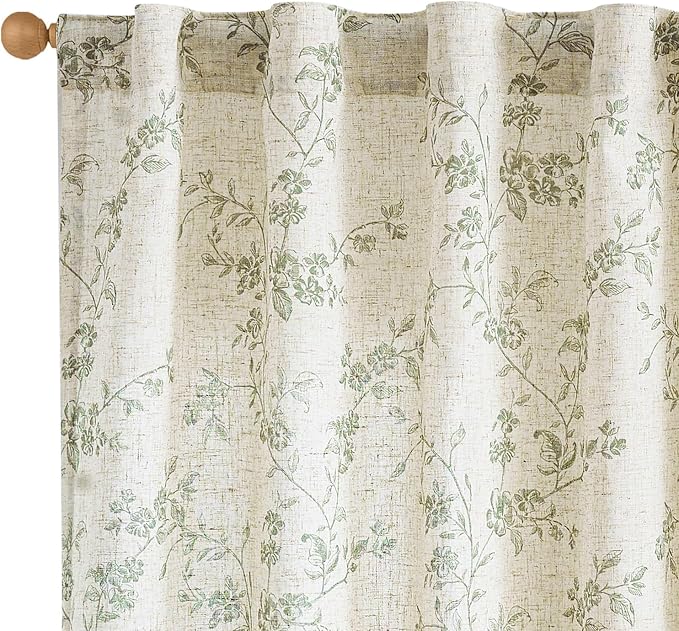 Green Vintage Floral Linen Curtains Farmhouse 38W X 90L 2 Panels | Elisa Series by Lazzzy
