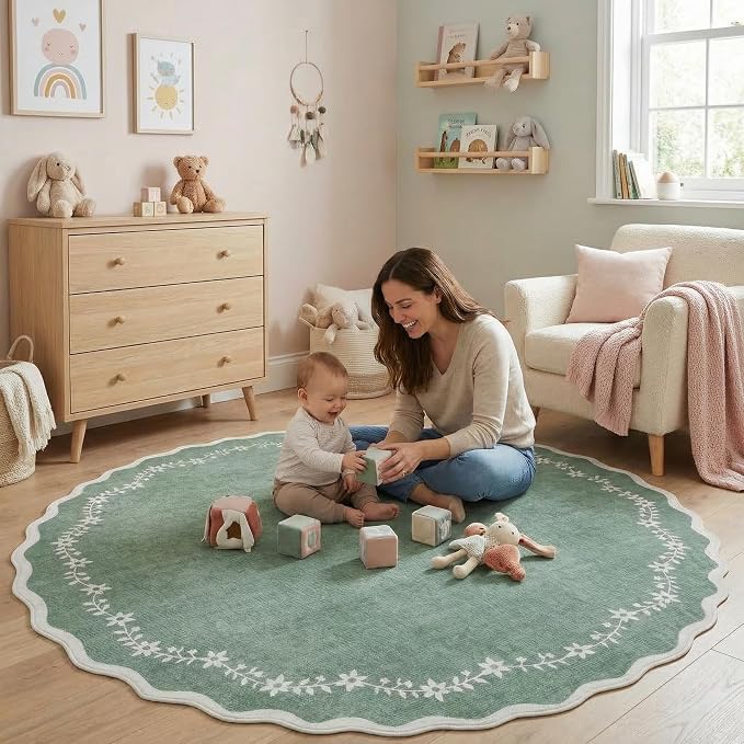 GarveeHome Large Round Rug 8ft Scalloped Washable Circle Living Room Rug | Soft - Image 3