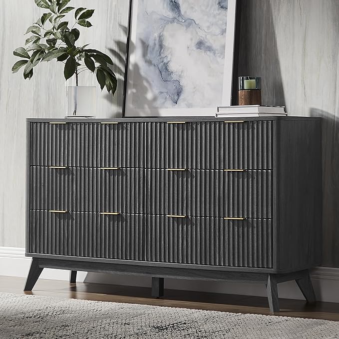 T4TREAM Fluted 6 Drawers Dresser, Curved Profile Design, Dresser TV Stand by T4TREAMFurniture