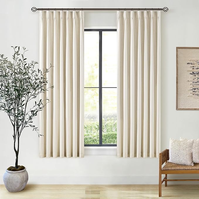 Cream Beige 63 Inch Length Blackout Pinch Pleated Linen Curtains - Image 9