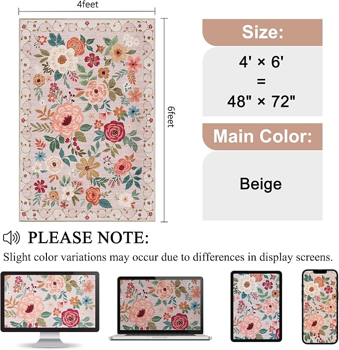 DUKINO 4x6 Area Rug, Floral Washable Rug Non Slip Office Chair Mat, Stain - Image 2
