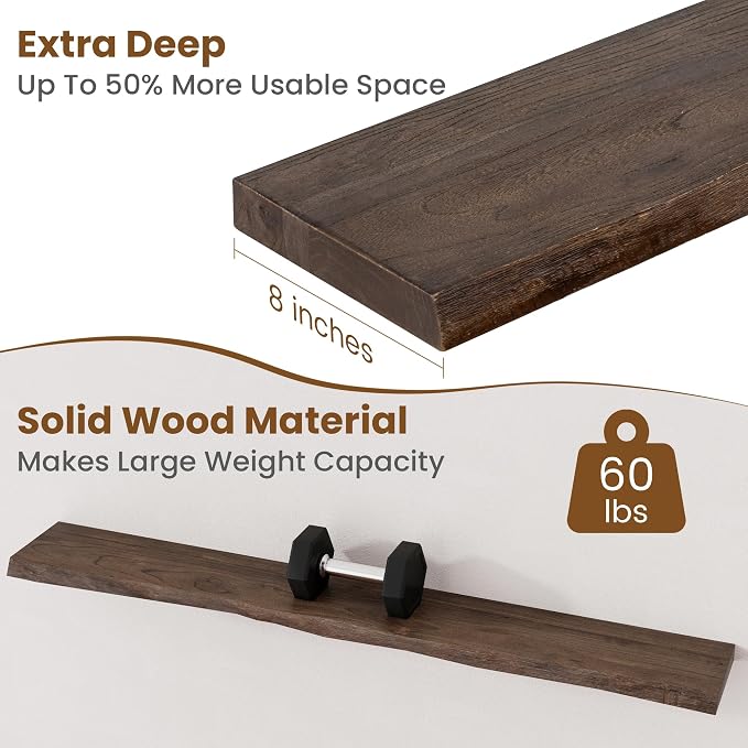 FLYJOE Floating Shelves for Wall Decor, Rustic Solid Elm Wood Live Edge - Image 5