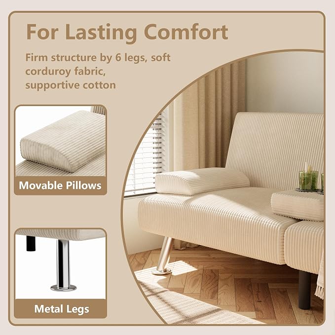 Flamaker Futon Sofa Bed Corduroy Folding Couch Adjustable Sleeper Sofa Bed - Image 6
