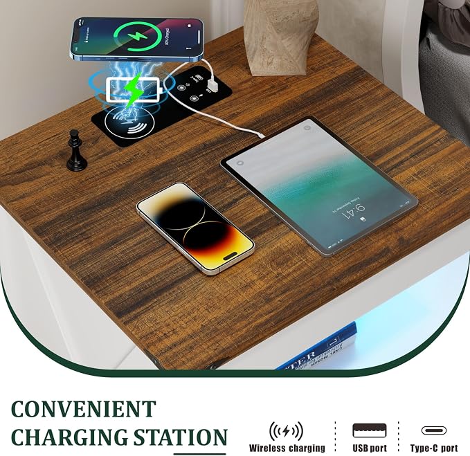 Nightstand with Gun Drawer, Rattan Bedside Table with Charging Station - Image 5
