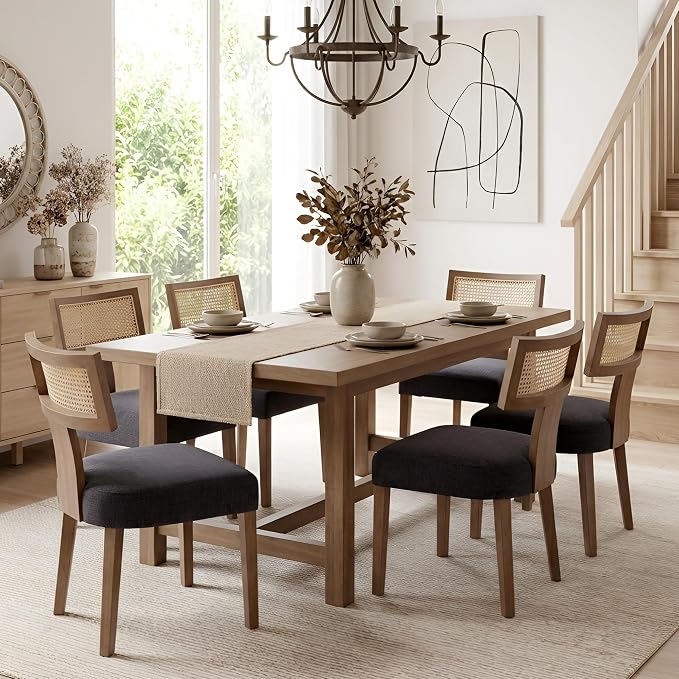 HNY Mid Century Modern Rattan Dining Chairs Set of 6, Farmhouse Linen by HNY