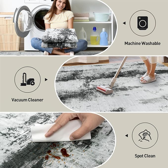 9x12 Area Rugs for Living Room: Washable Abstract Black White Grey Carpet | - Image 5