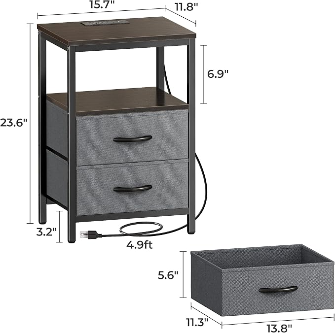 Huuger Nightstand with Charging Station, Fabric Drawers, End Table with Open - Image 3