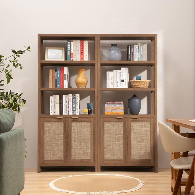 SICOTAS Bookshelf 5 Tier Book Shelf Rattan Boho 71" Tall Bookcase - Image 9